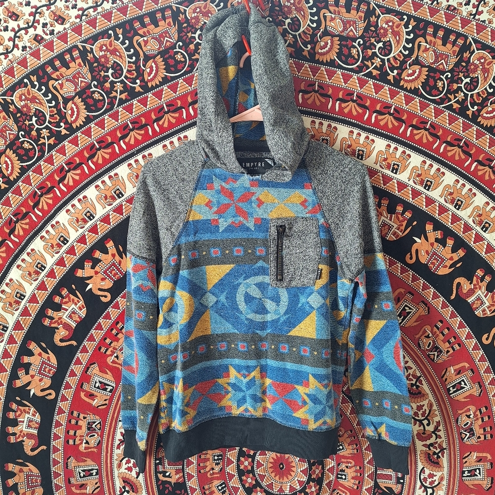 Empyre Vintage Y2K Hooded Long Sleeve Aztec Geometric Skater Shirt Slim Fit